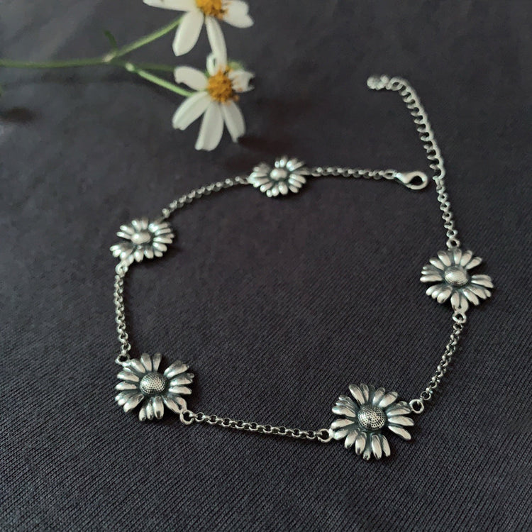 925 Sterling Silver Daisy Flower Anklet, Gift For Her