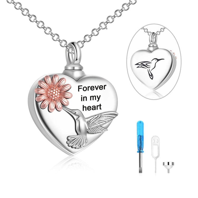 925 Sterling Silver Heart Flower Hummingbird Round Photo Urn Necklace for Ashes Cremation Jewelry