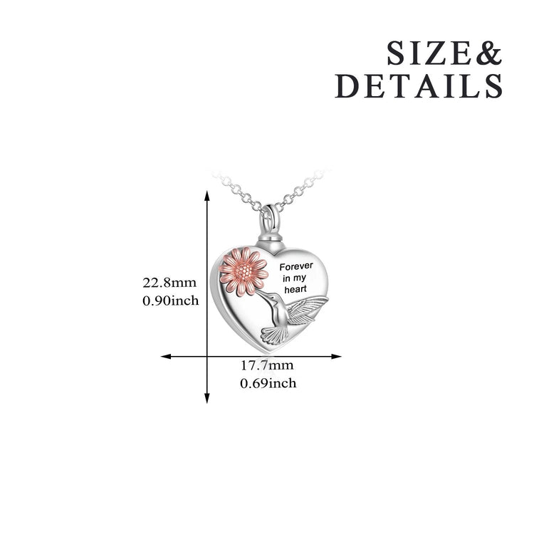 925 Sterling Silver Heart Flower Hummingbird Round Photo Urn Necklace for Ashes Cremation Jewelry