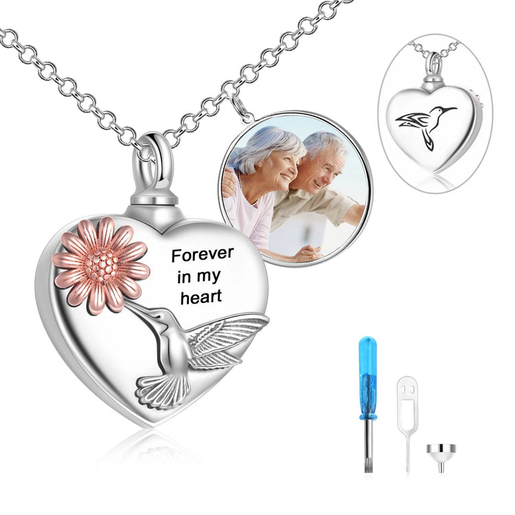 925 Sterling Silver Heart Flower Hummingbird Round Photo Urn Necklace for Ashes Cremation Jewelry