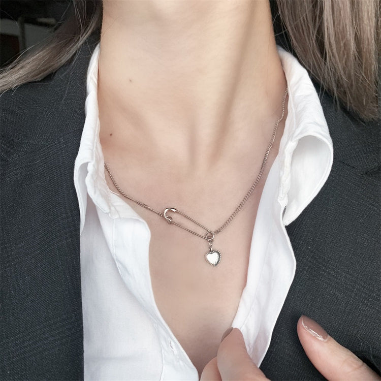 925 Sterling Silver Safety Pin Necklace With Heart