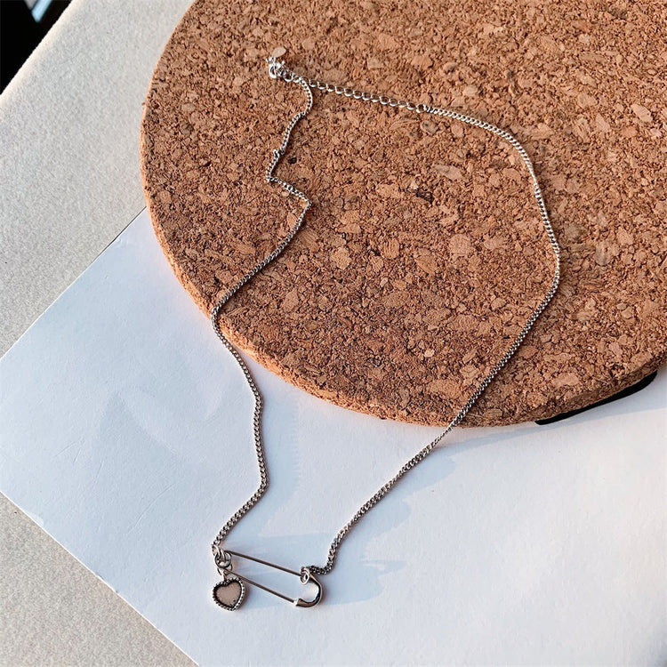 925 Sterling Silver Safety Pin Necklace With Heart