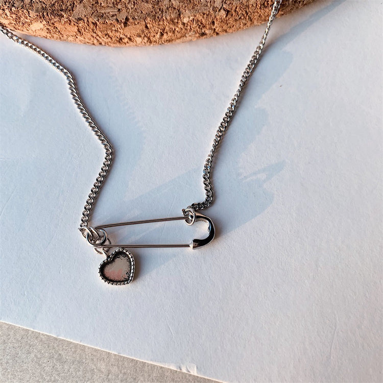 925 Sterling Silver Safety Pin Necklace With Heart