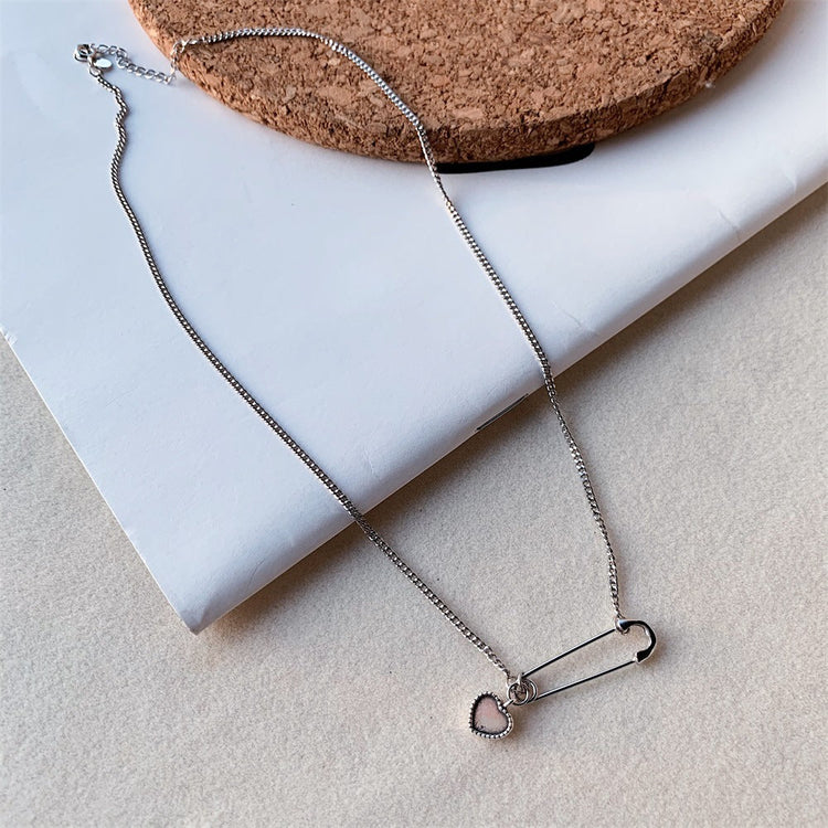 925 Sterling Silver Safety Pin Necklace With Heart