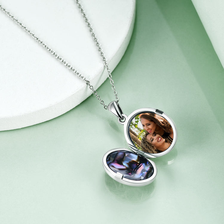 925 Sterling Silver Personalized Tree of Life Abalone Photo Locket Necklace