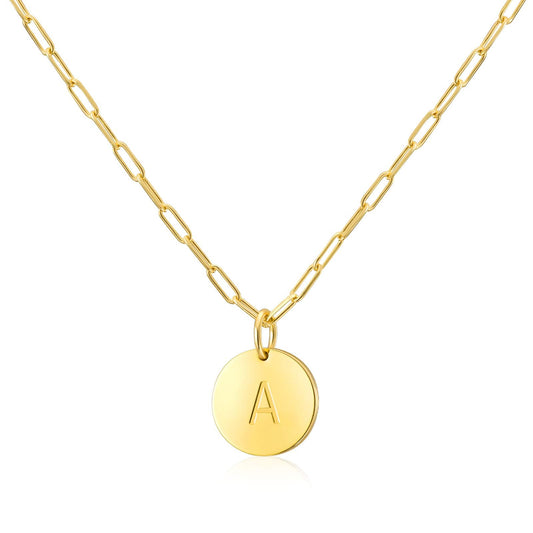 925 Sterling Silver Round Disc Initial Pendant Necklace In Clip Link Chain