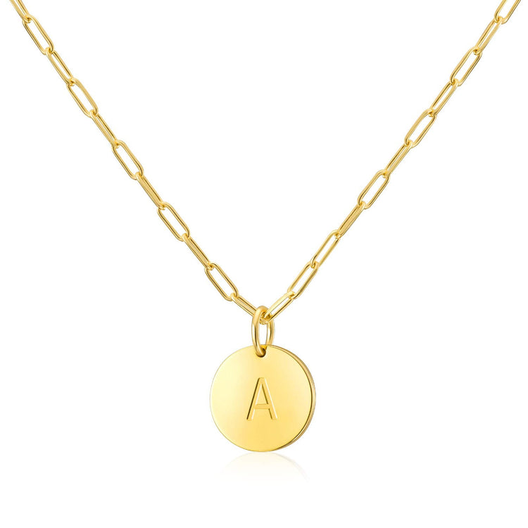 925 Sterling Silver Round Disc Initial Pendant Necklace In Clip Link Chain