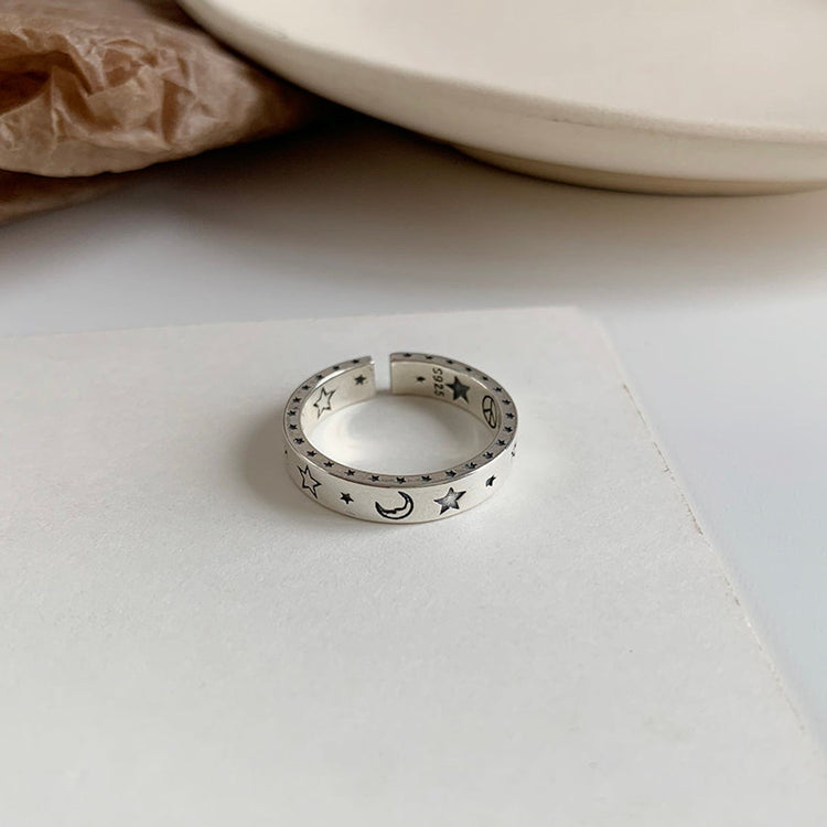 925 Sterling Silver Smile Face Moon Star Love and Peace Open Ring
