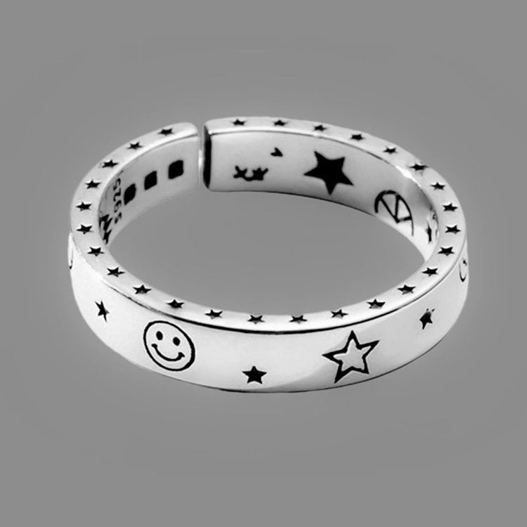 925 Sterling Silver Smile Face Moon Star Love and Peace Open Ring