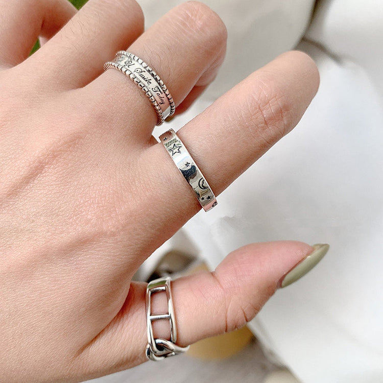 925 Sterling Silver Smile Face Moon Star Love and Peace Open Ring