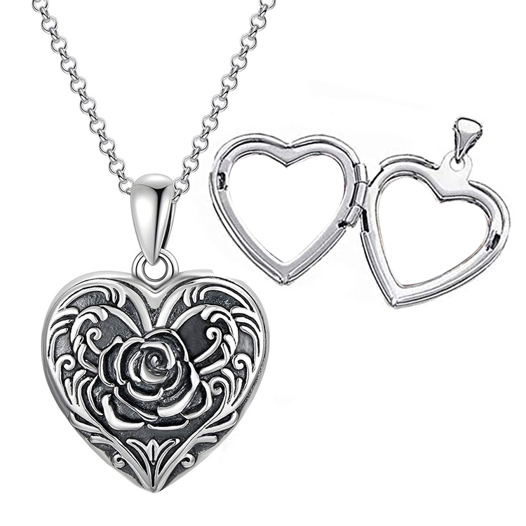 925 Sterling Silver Cameo Rose Flower Heart Photo Locket Necklace