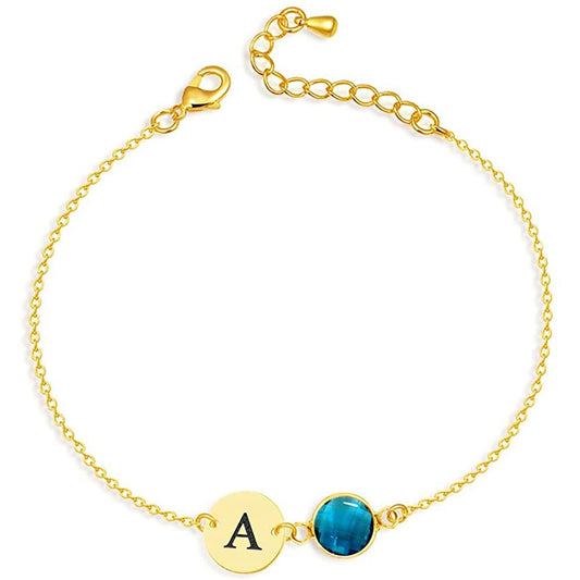 925 Sterling Silver Initial Disc And Birthstone Anklet Bracelet