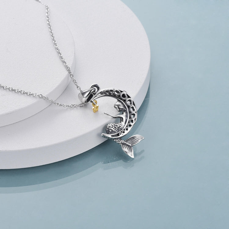 925 Sterling Silver Classic Sea Mermaid Crescent Moon Necklace