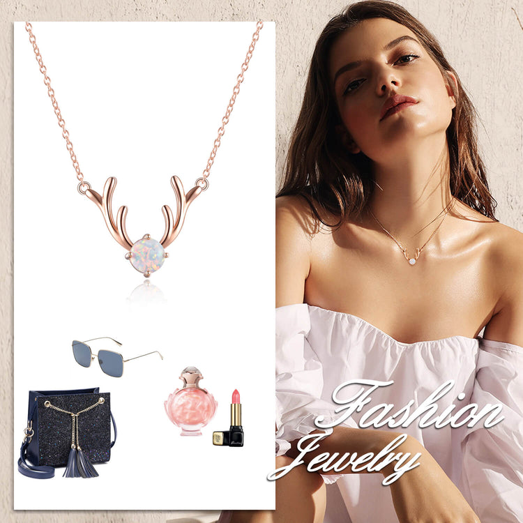 925 Sterling Silver Antler Pendant Necklace With Opal Christmas Gift - onlyone