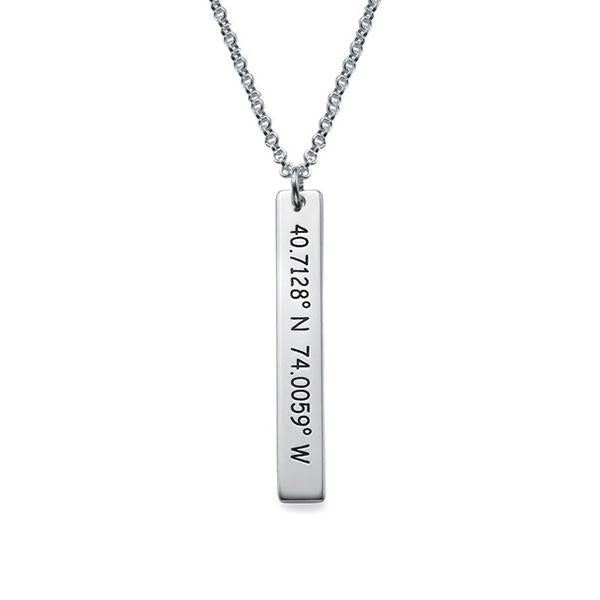925 Sterling Silver Engraved Vertical Coordinate Bar Name Necklace Nameplate Necklace, Custom Latitude and Longitude Necklace - onlyone