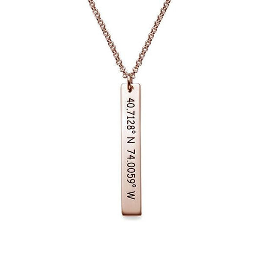 925 Sterling Silver Engraved Vertical Coordinate Bar Name Necklace Nameplate Necklace, Custom Latitude and Longitude Necklace - onlyone