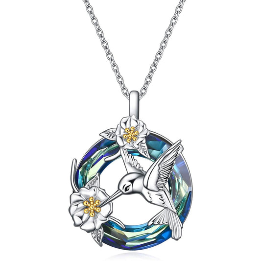 925 Sterling Silver Hummingbird And Flower Necklace With Crystal
