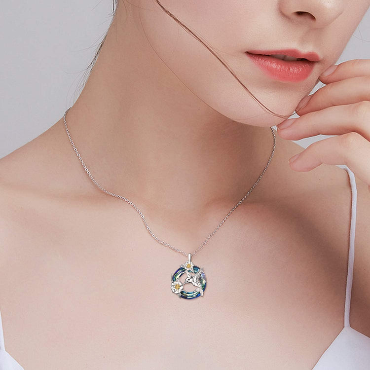 925 Sterling Silver Hummingbird And Flower Necklace With Crystal