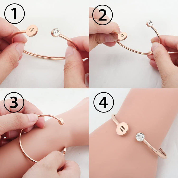 925 Sterling Silver Simple Zodiac Sign Cuff Bracelet with Birthstone