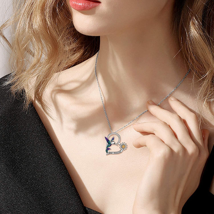 925 Sterling Silver Hummingbird And Flower Necklace