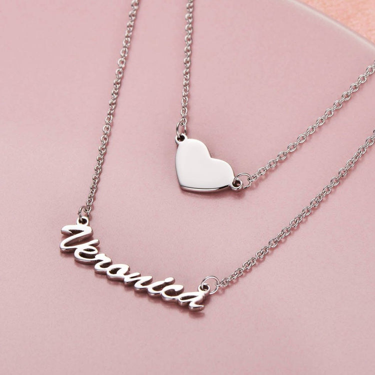 925 Sterling Silver Two Layers Heart Name Necklace Nameplate Necklace - onlyone