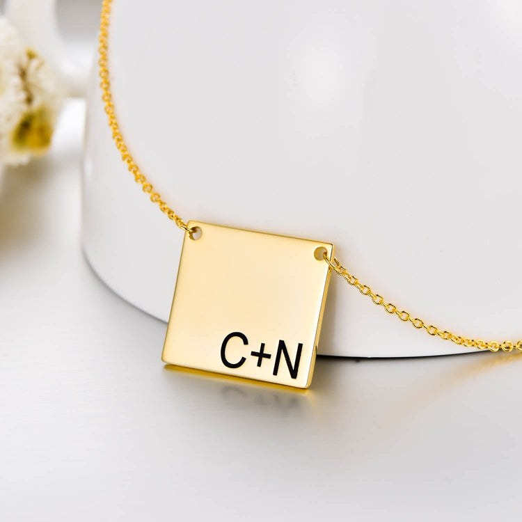925 Sterling Silver Initial Bar Engraved Square Pendant Necklace - onlyone