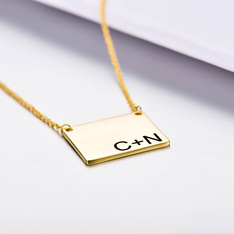 925 Sterling Silver Initial Bar Engraved Square Pendant Necklace - onlyone