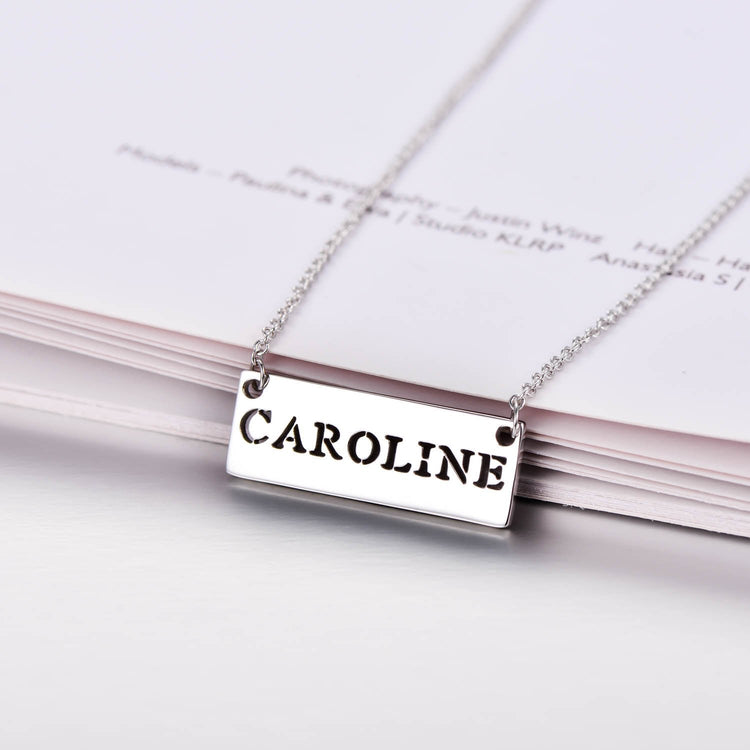 925 Sterling Silver Engraved Short Bar Name Necklace Cut Out Nameplate Necklace - onlyone