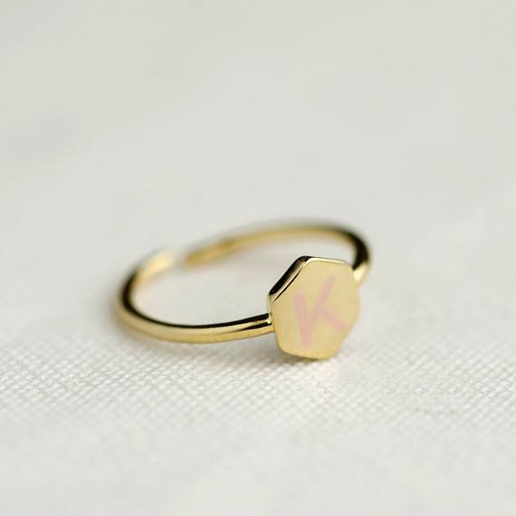 925 Sterling Silver Personalized Geometric Hexagon Initial Mini Engraved Ring - onlyone