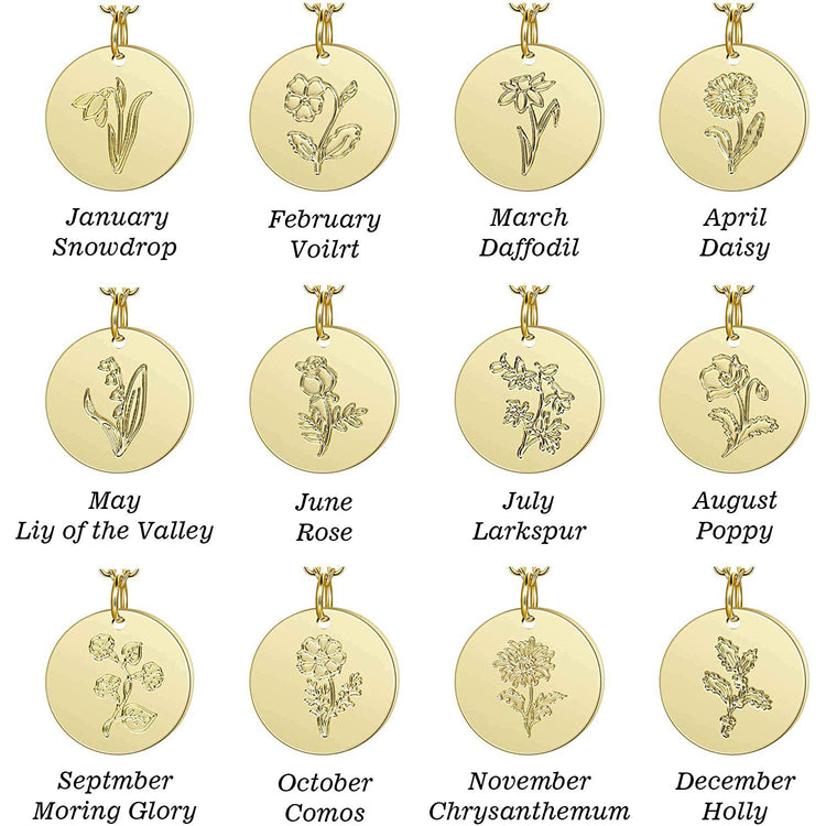925 Sterling Silver Birth Month Flower Disc Necklace