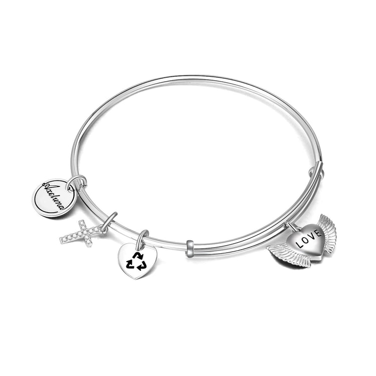 Personalized 925 Sterling Silver Cross And Heart Expandable Bangles Inspirational Gift - onlyone