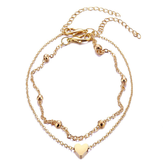 925 Sterling Silver Double Layer Heart Anklet Set - onlyone