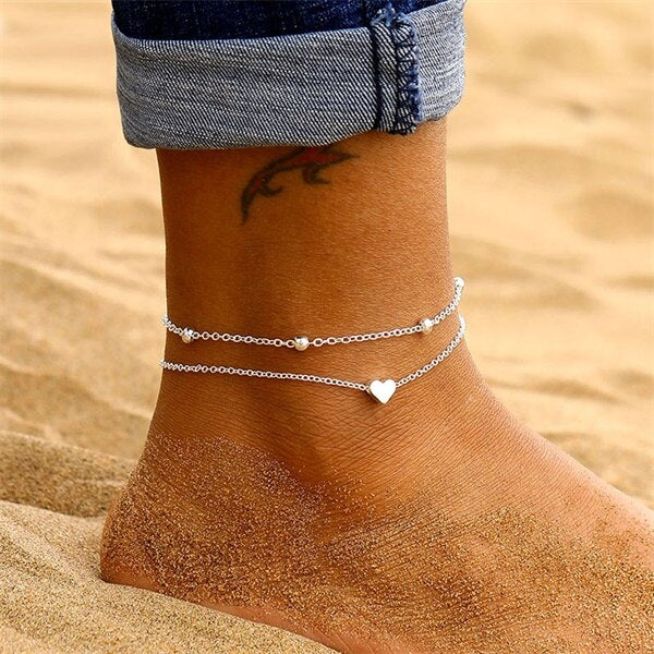 925 Sterling Silver Double Layer Heart Anklet Set - onlyone