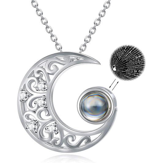 925 Sterling Silver Crescent Necklace with 100 Languages I Love You Stone Pendant for Women