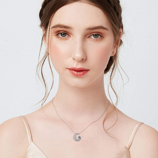 925 Sterling Silver Crescent Necklace with 100 Languages I Love You Stone Pendant for Women