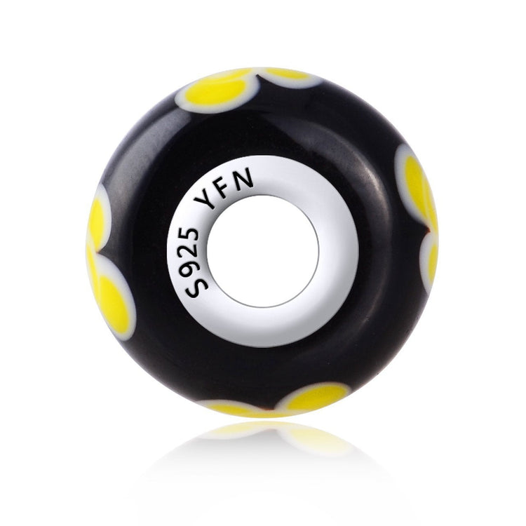925 Sterling Silver Yellow Flower Black Glass Charm for Bracelet and Necklace - onlyone