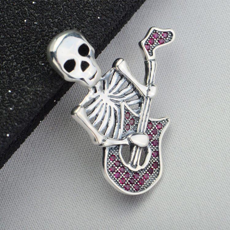 925 Sterling Silver Halloween Guitar Skull Necklace With Red Zircon - onlyone