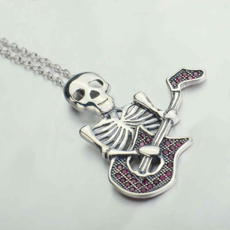 925 Sterling Silver Halloween Guitar Skull Necklace With Red Zircon - onlyone