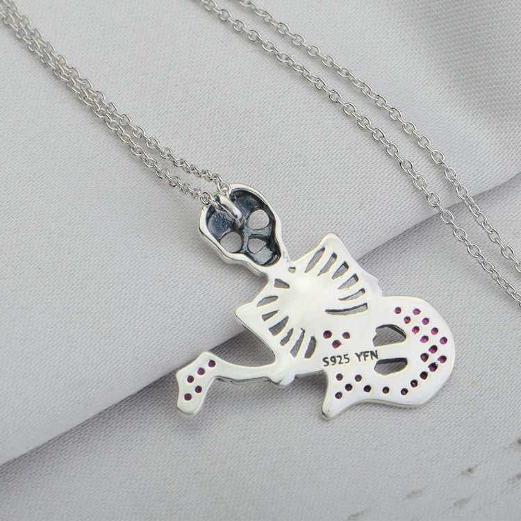 925 Sterling Silver Halloween Guitar Skull Necklace With Red Zircon - onlyone