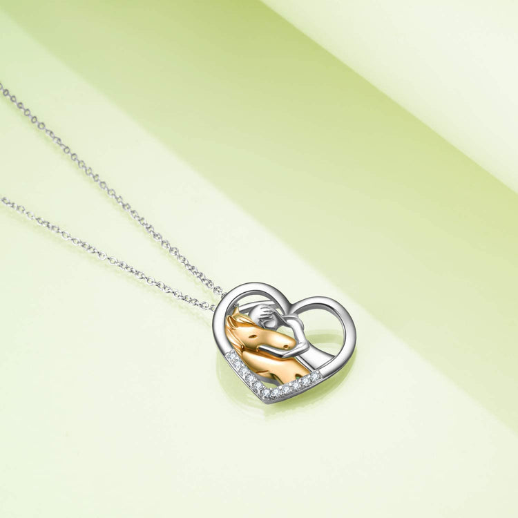 925 Sterling Silver Horse with Girl Heart Pendant Necklace for Girls, Girlfriend, Teens, Women, Daughter