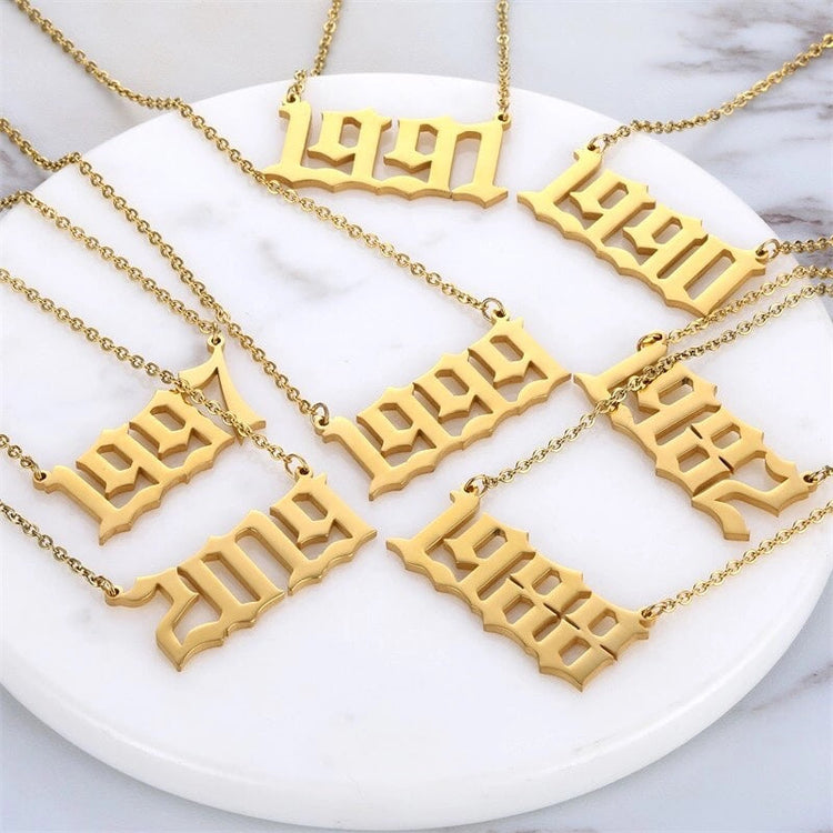925 Sterling Silver Old English Font Number Necklace, Dainty Year Necklace