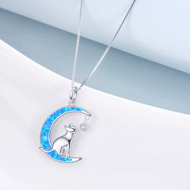 925 Sterling Silver Moon Cat Opal Fashion Necklace. Gift Necklace - onlyone