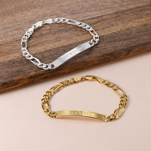 925 Sterling Silver Personalized Men's ID Bracelet In Figaro Link