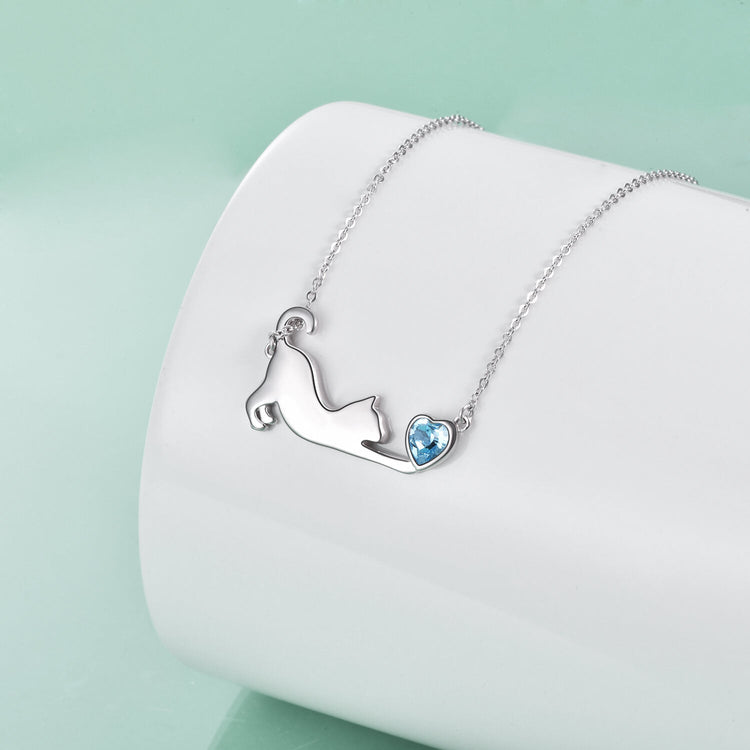 925 Sterling Silver Cat Playing Heart Necklace - onlyone