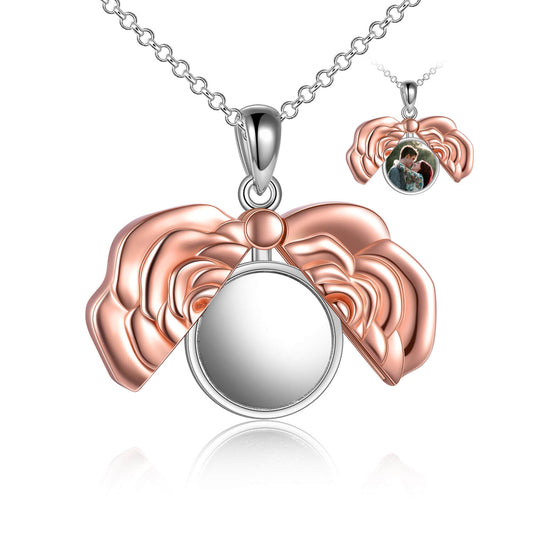 925 Sterling Silver Custom Round Photo Rose Flower Locket Necklace