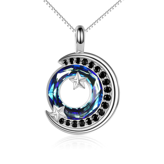 925 Sterling Silver Crescent Moon Sky Night With Crystal Necklace
