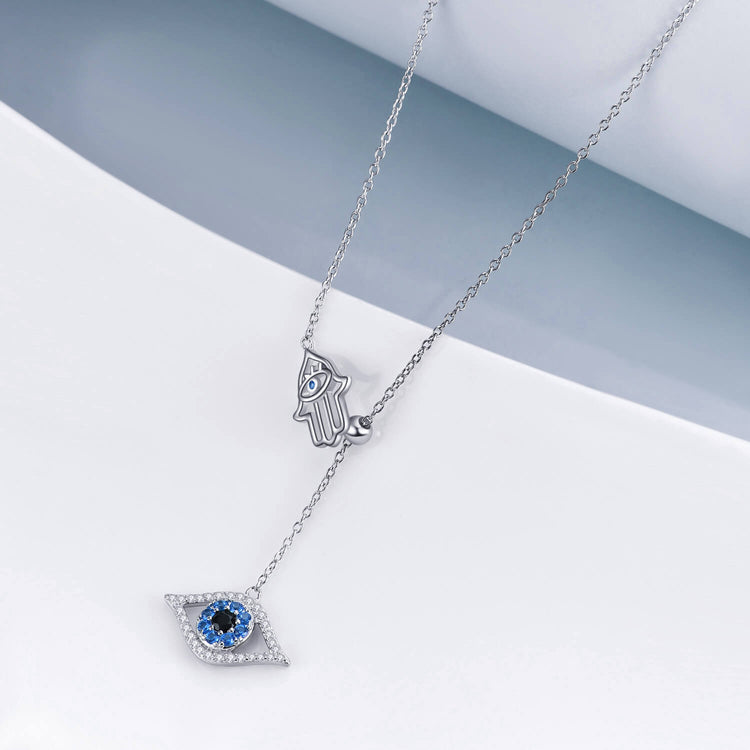 925 Sterling Silver Hamsa Hand Of Fatima With Evil Eye Lariat Necklace
