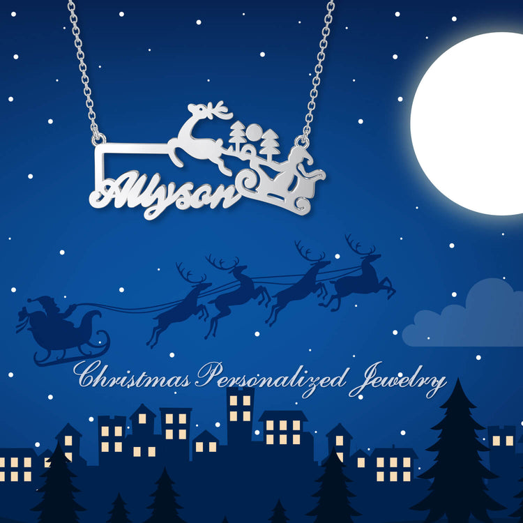 925 Sterling Silver Reindeer Carriage Name Necklace