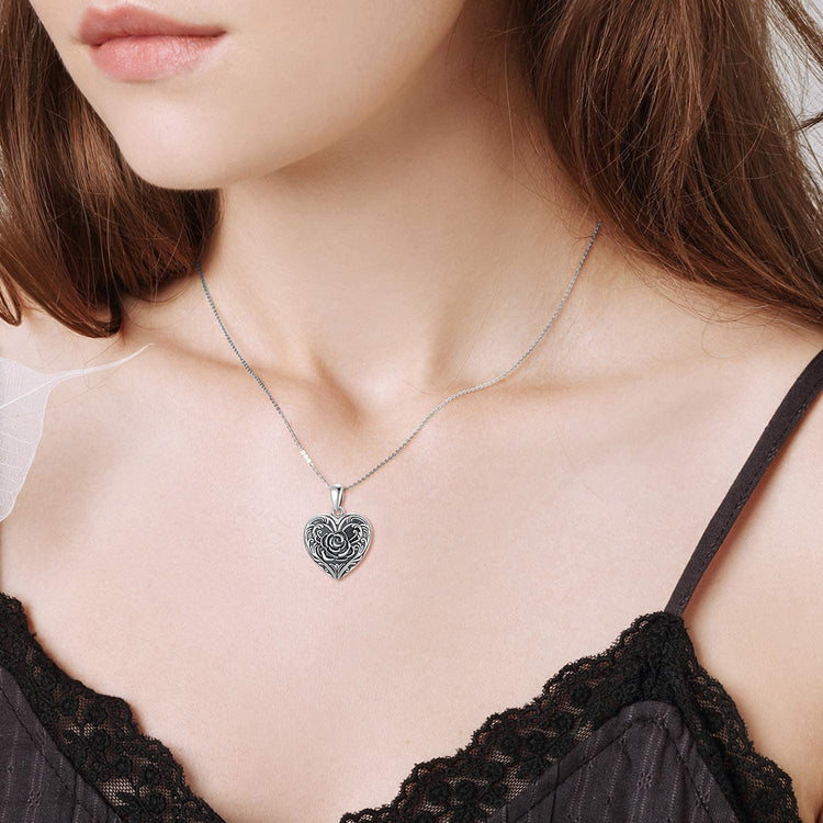 925 Sterling Silver Cameo Rose Flower Heart Photo Locket Necklace