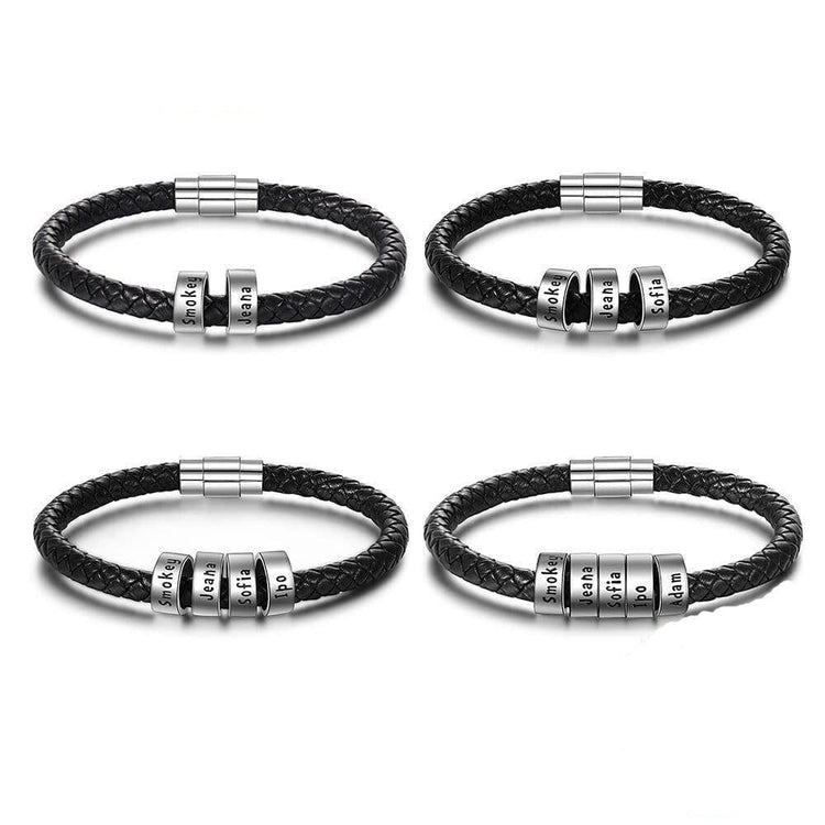 Men's Black Leather Bracelet With 925 Sterling Silver Name Plated Charms, Father's Day Bracelet - onlyone